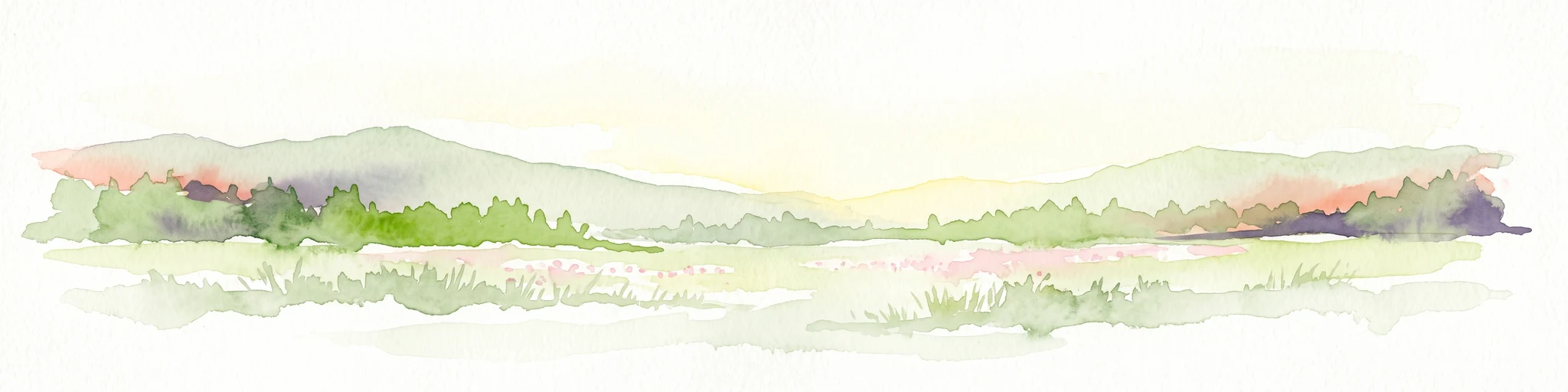 Una pintura horizontal en acuarela que representa un paisaje suave y atmosférico con vegetación herbácea en primer plano, una línea de árboles y colinas onduladas distantes contra un cielo pálido.
