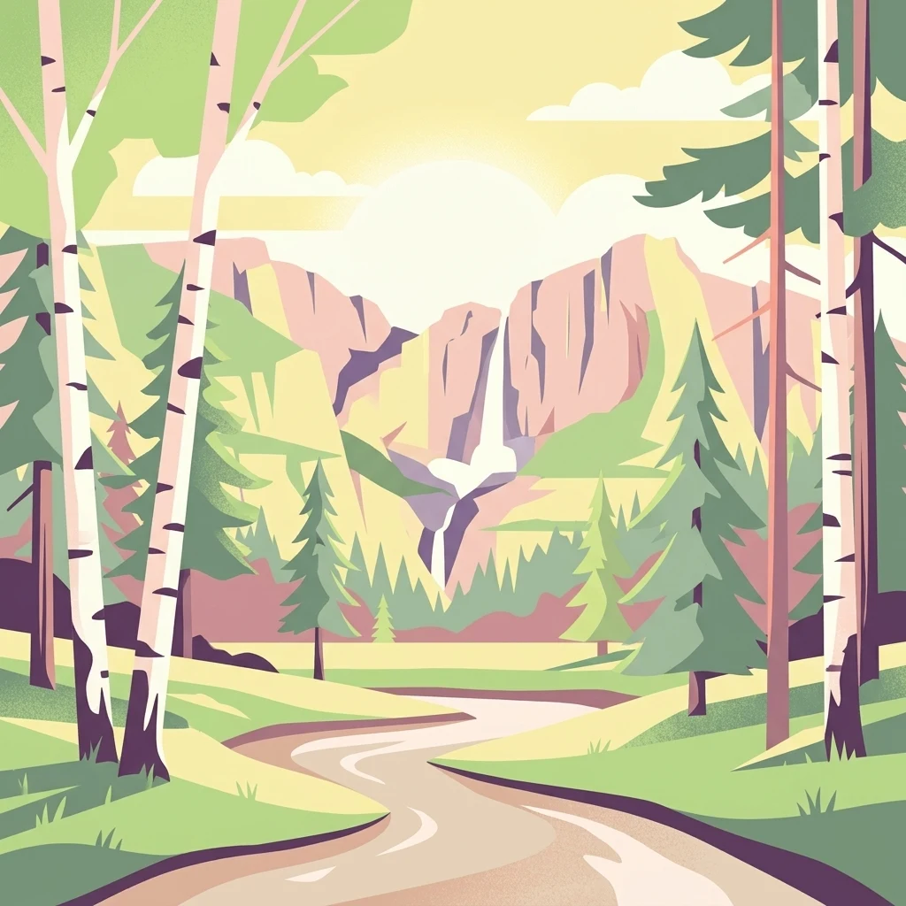 A flat-style digital illustration depicting a winding river flowing through a forest of birch and evergreen trees toward a distant waterfall and mountain range under a light-colored sky.