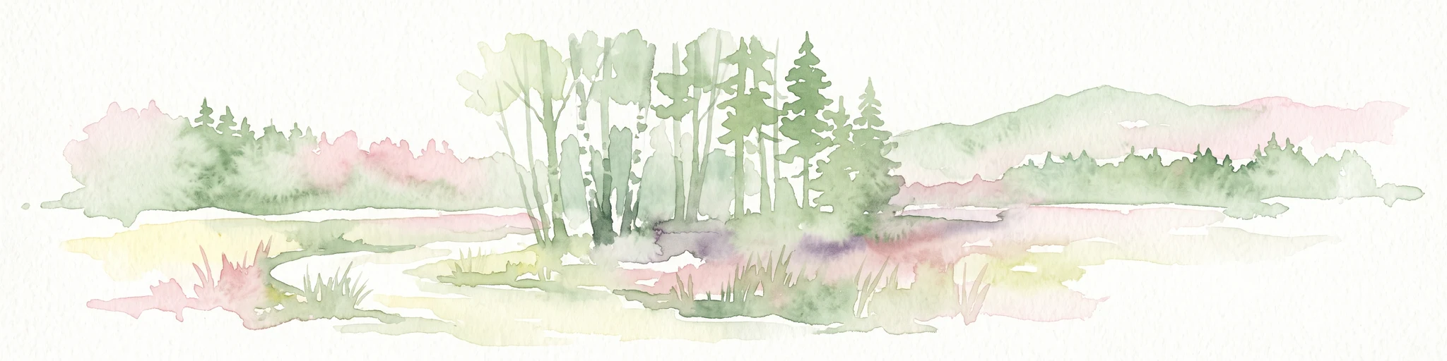A watercolor painting showing a soft, panoramic view of a wetland with sparse trees, low bushes, and distant rolling hills in pale green and pink tones.
