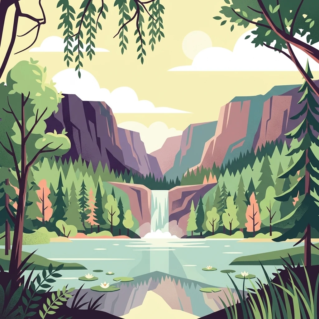 A flat-style digital illustration showing a valley surrounded by steep cliffs, with a waterfall feeding into a calm lake in the foreground, framed by trees on both sides.