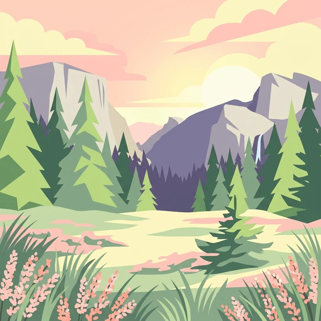 A flat, stylized illustration of a mountain valley at sunset. In the foreground, there are pink wildflowers and tall grasses. The midground features a clearing and dense green pine trees, leading up to steep rocky mountains in the background under a soft sunset sky.