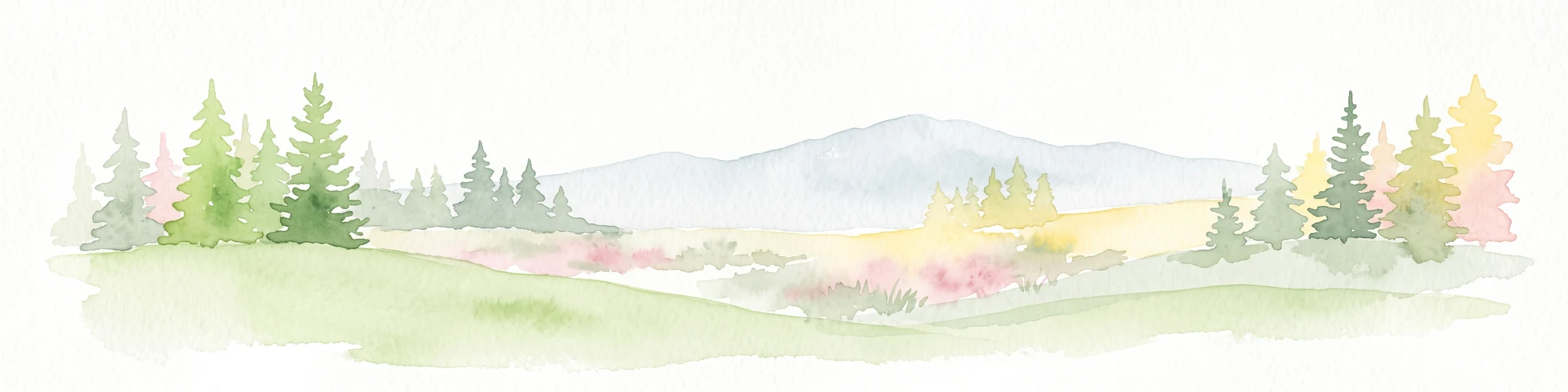 A soft watercolor illustration featuring a panoramic view of a peat bog landscape with evergreen trees and distant rolling mountains under a white background.