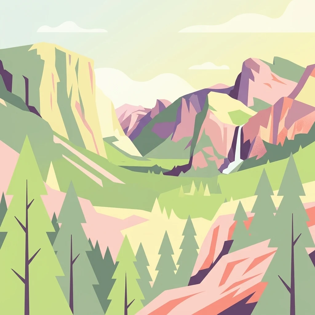 A graphic illustration of a mountainous landscape with a valley, coniferous trees, and a waterfall.