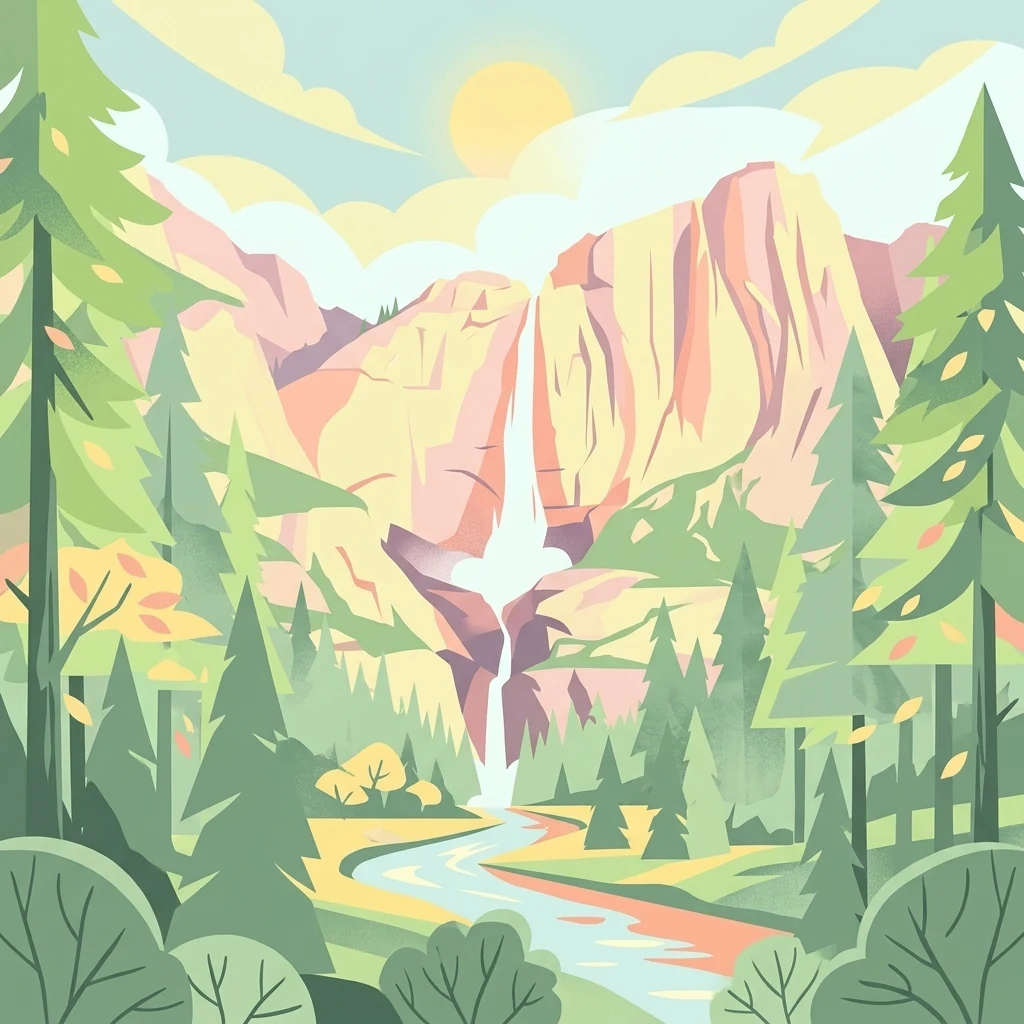A digital illustration of a forested mountain scene with a tall waterfall cascading down a cliff into a river, rendered in a soft, colorful, flat-design style.