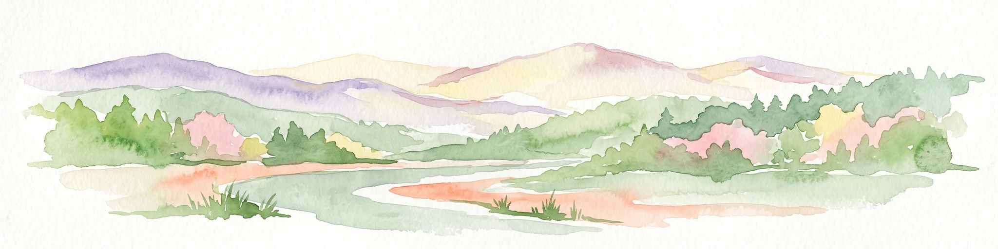 A soft watercolor illustration of a landscape with rolling hills, a meandering stream, and wooded areas against a pale sky.