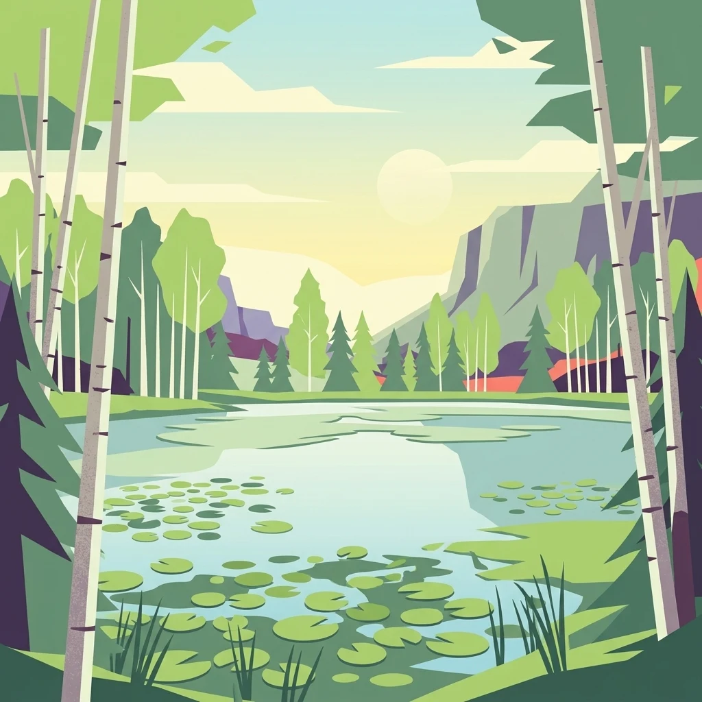 Una ilustración plana de estilo vectorial de un estanque lleno de nenúfares, enmarcado por abedules y árboles de hoja perenne en primer plano, con colinas al fondo bajo un sol pálido.