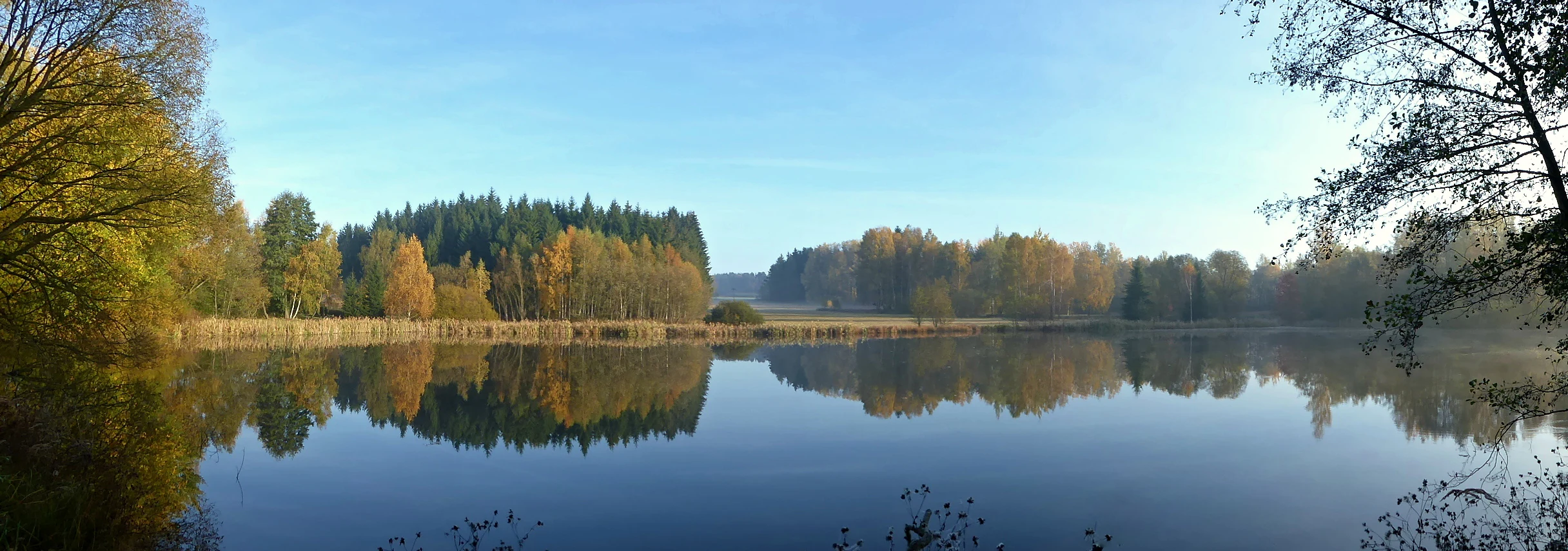 Panoramic view of a calm pond reflecting surrounding trees with autumn foliage under a clear sky.