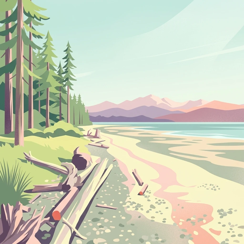 Una ilustración digital estilizada de una playa de arena bordeada por un bosque de coníferas, con madera a la deriva en primer plano y montañas a lo lejos.