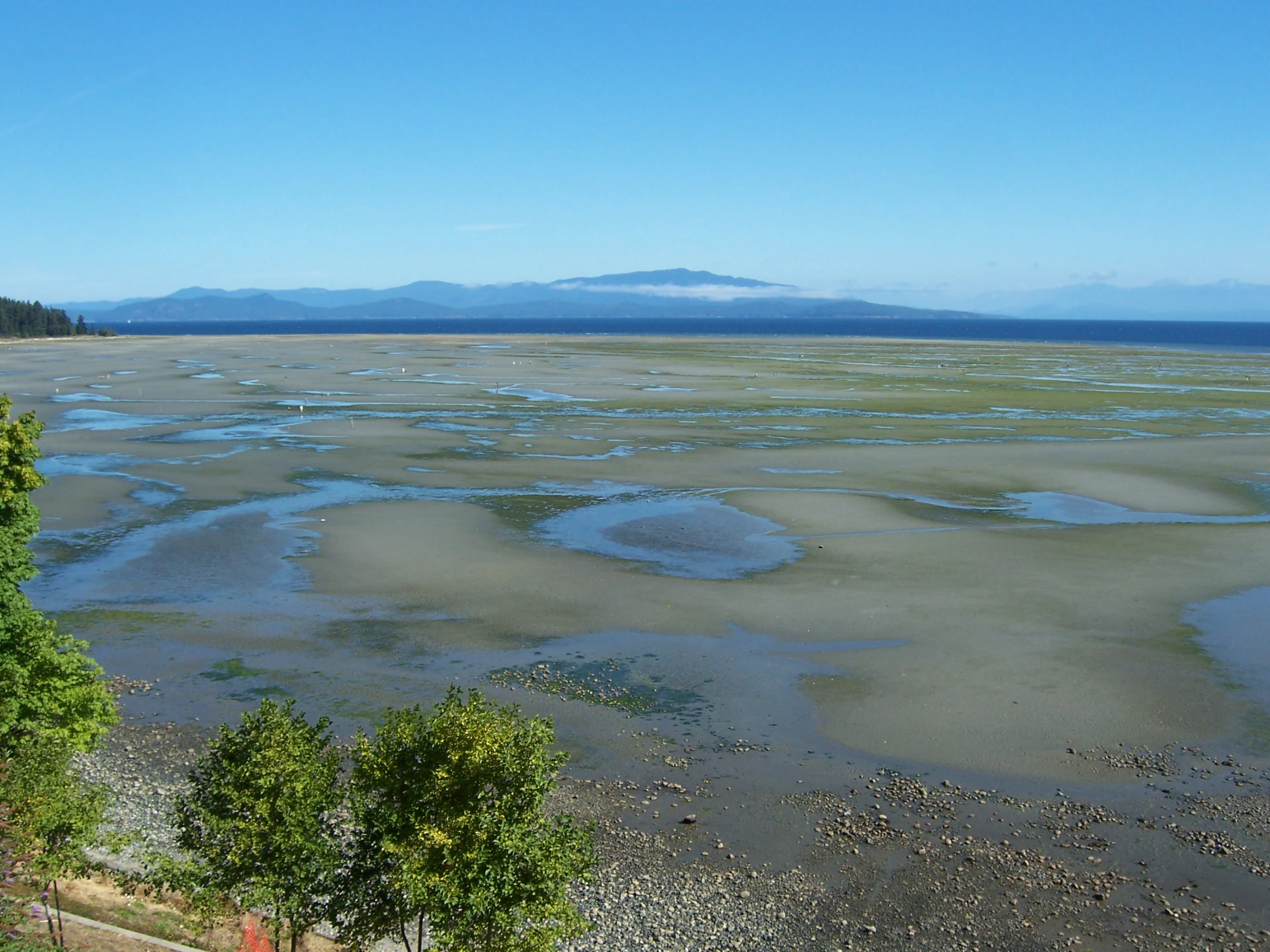 A wide, high-angle view looking over a broad expanse of sandy tidal flats at low tide, with distant mountains across the water under a clear blue sky.