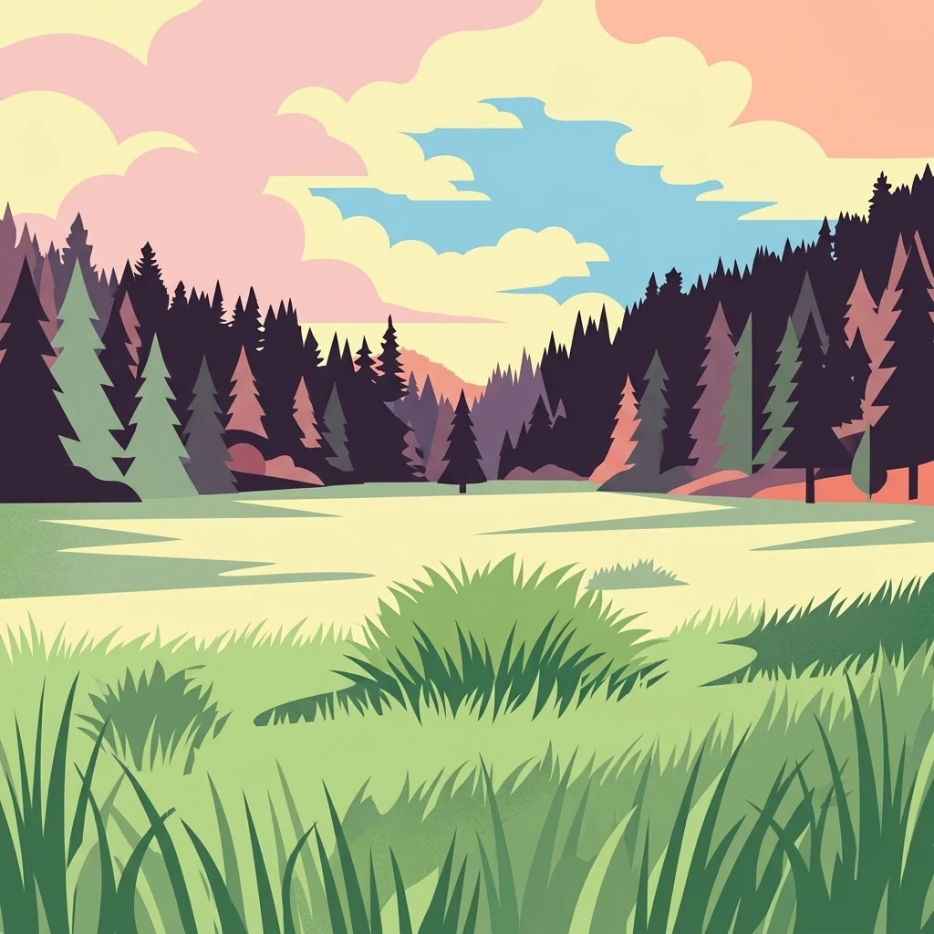 A stylized vector illustration showing a grassy field in the foreground, pine forest in the midground, and a soft, pastel-colored sky with clouds in the background.