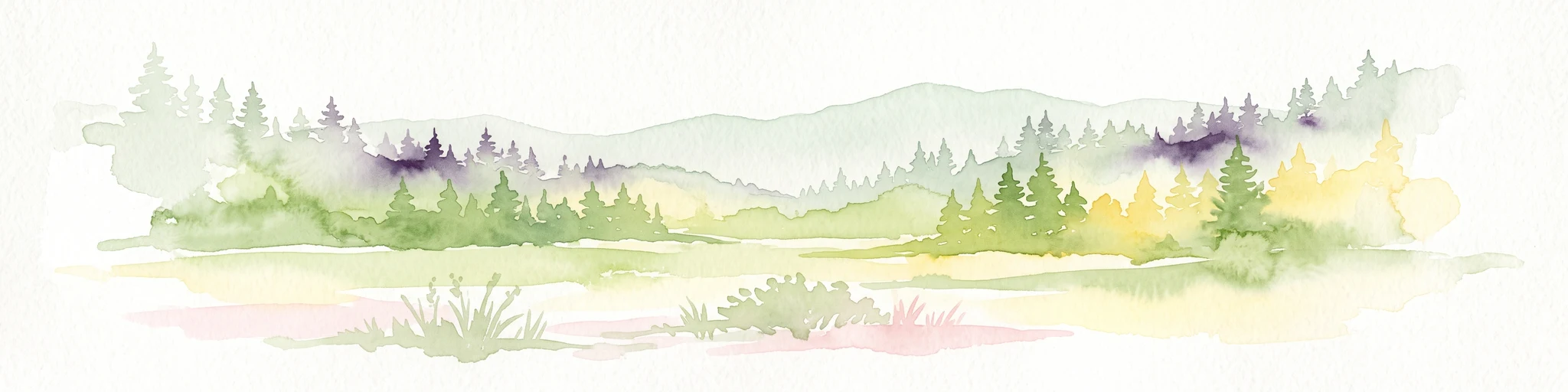 A watercolor painting of a serene landscape with coniferous trees, rolling hills, and soft-toned, layered mountains.