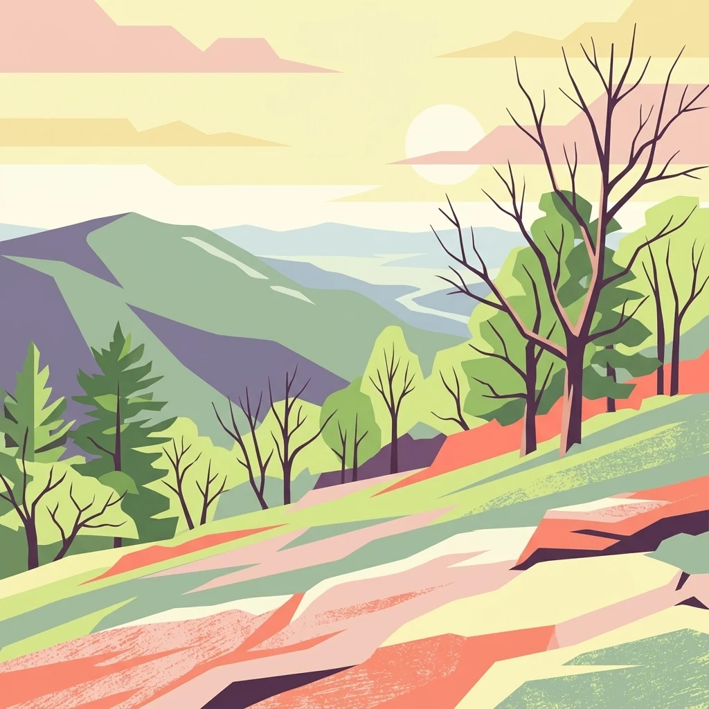 A flat-style digital illustration depicting a mountainous landscape at sunrise with a rocky foreground, sparse trees, and rolling hills in the background.