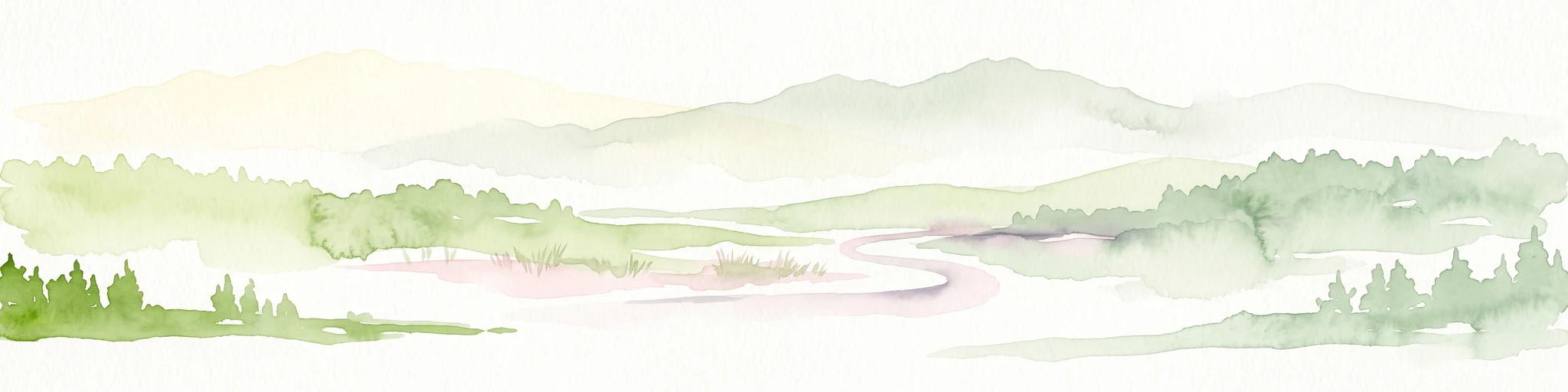A pale, minimalist watercolor painting showing layers of soft green hills and a gentle stream against a white background.