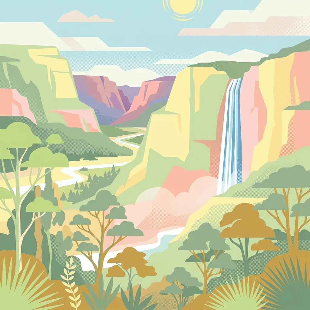 Stylized illustration showing a waterfall cascading into a canyon with trees, a river, and colorful rock formations under a sunny sky