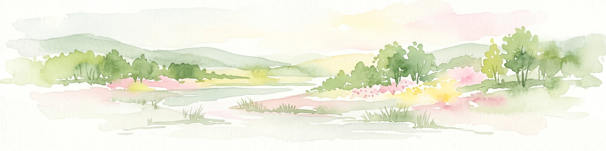 Watercolor illustration of a river flowing through a valley with trees and hills under a light sky