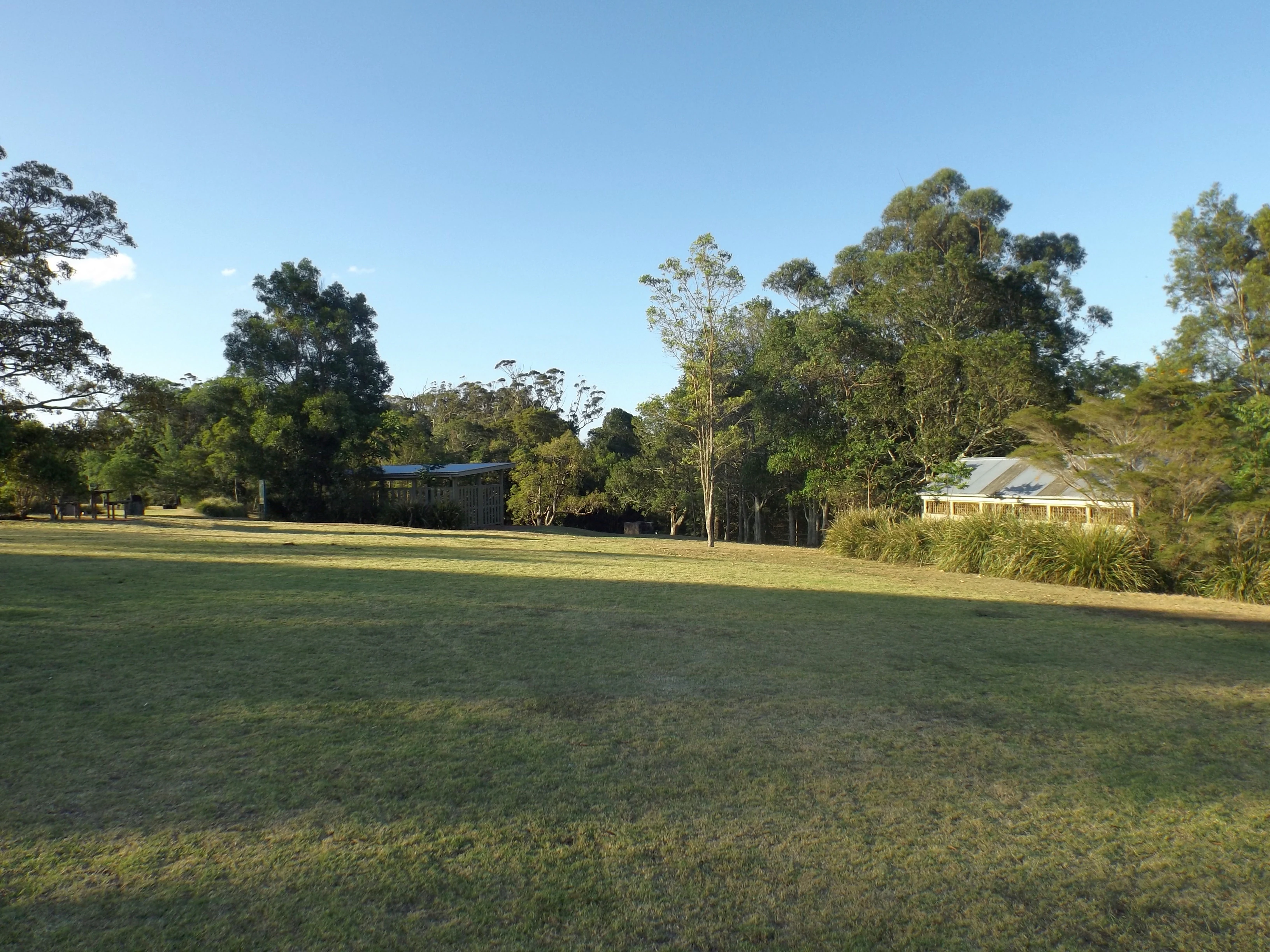 Open grassy field with scattered trees and buildings under clear blue sky