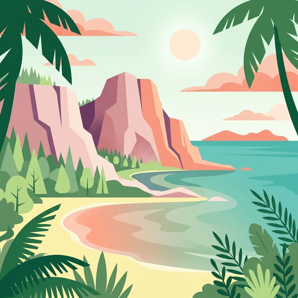 A flat-style vector illustration depicting a tropical beach scene on Rawa Island, featuring pale yellow sand, light blue ocean water, a prominent rocky cliff, and lush palm fronds in the foreground under a soft sun.