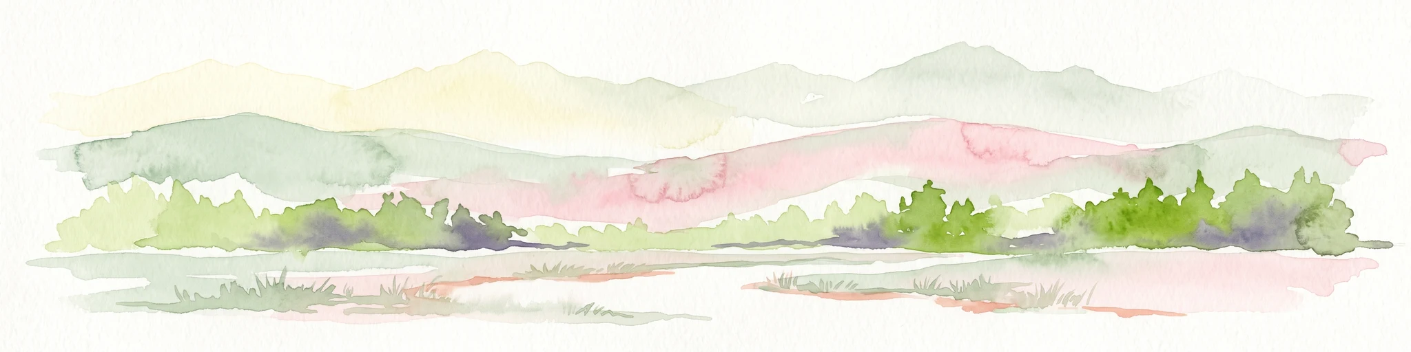 A watercolor painting showing layers of soft green and pink rolling hills, with a line of trees in the midground and an open, flat foreground.