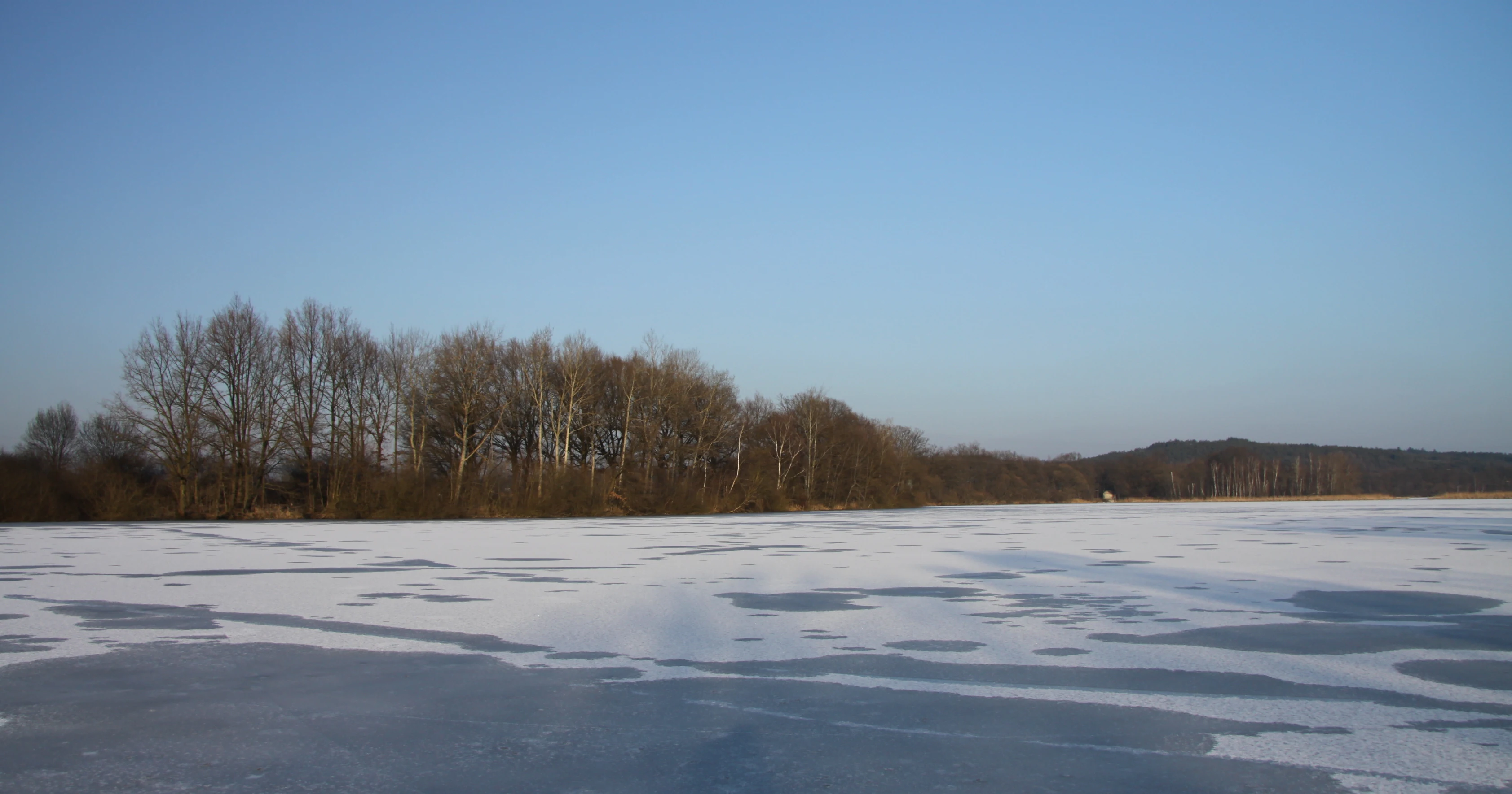 A wide landscape view of a frozen lake covered in thin ice and snow patches, with a line of bare deciduous trees along the far bank under a clear blue sky.