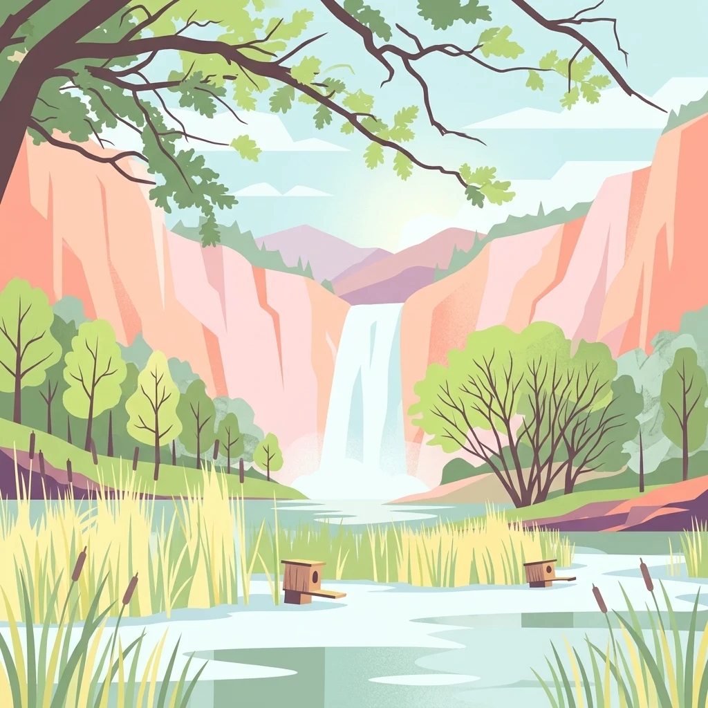 An artistic flat-style illustration showing a peaceful wetland scene with a small waterfall flowing between rocky cliffs, surrounded by reeds, trees, and wooden bird nesting boxes in the foreground.