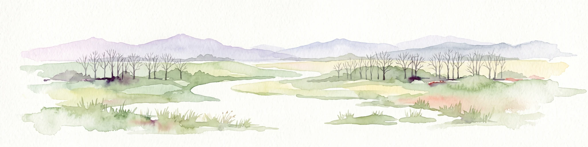 A watercolor painting showing a panoramic view of a marshy wetland area with sparse bare trees, grassy mounds, and rolling hills in the background.
