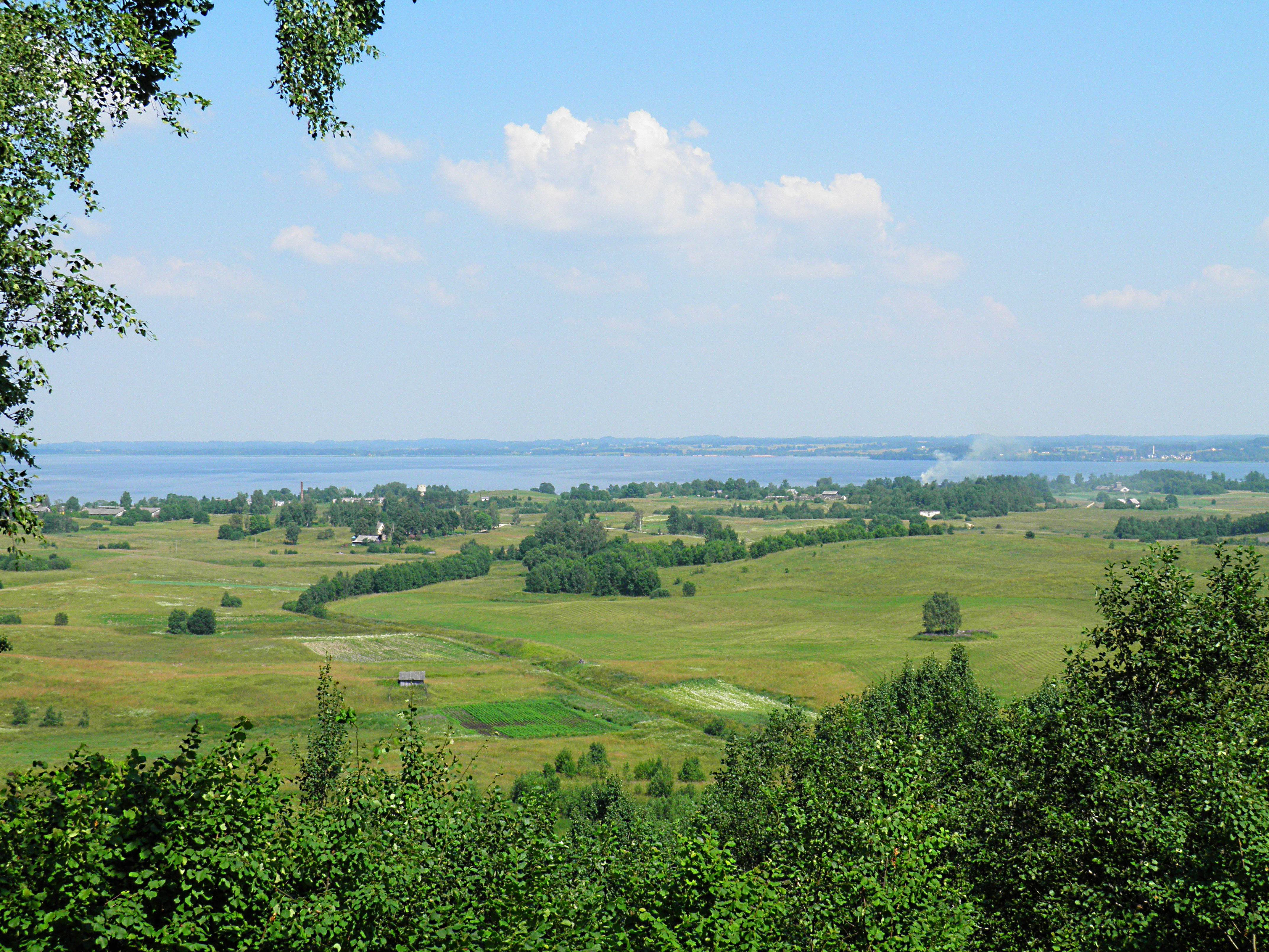 Wide landscape view of Lake Rāzna with green fields, trees, and distant horizon under a partly cloudy sky