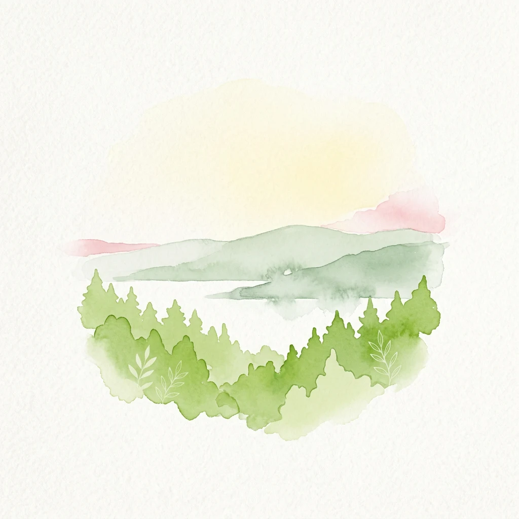 Watercolor illustration of a lake surrounded by green forests with distant mountains under a soft yellow and pink sky