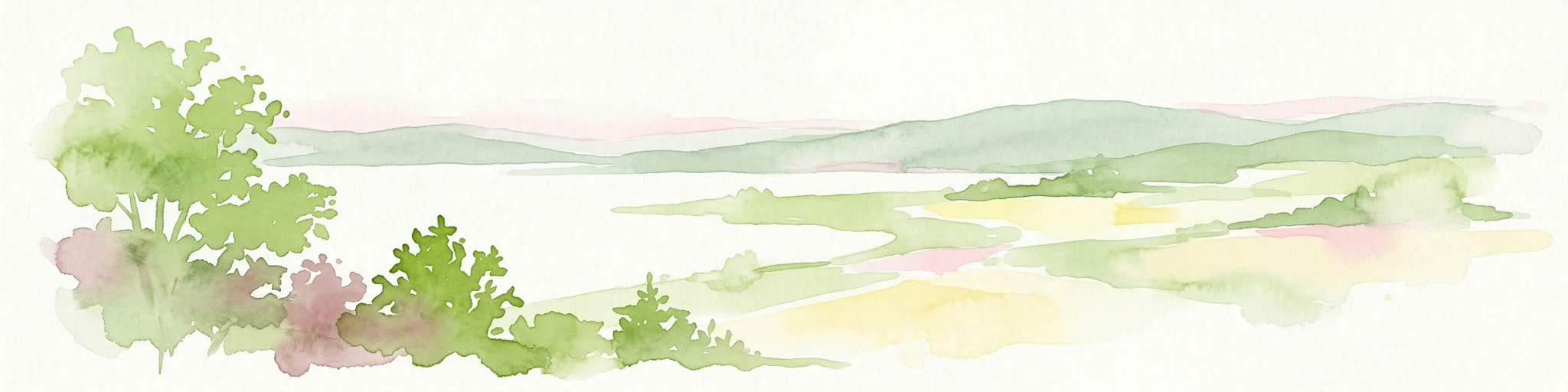 Ilustración acuarela que muestra un lago, árboles y colinas distantes