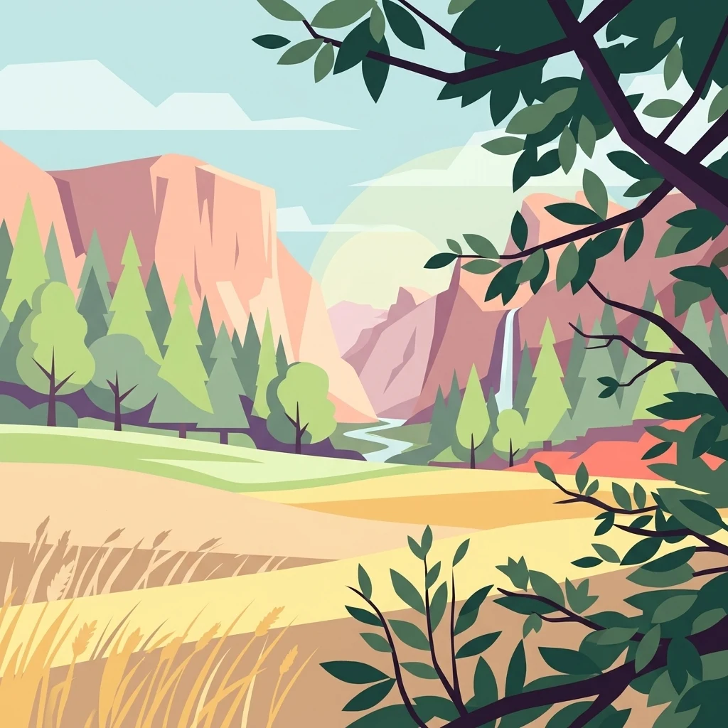 Una ilustración gráfica de estilo plano de un valle con un arroyo serpenteante, pinos y paredes de cañón distantes, enmarcado por ramas de árboles en primer plano.