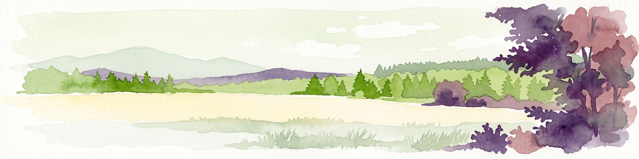 A horizontal watercolor illustration of a natural valley scene, featuring an open meadow in the foreground, forest edges in the midground, and rolling hills in the background.