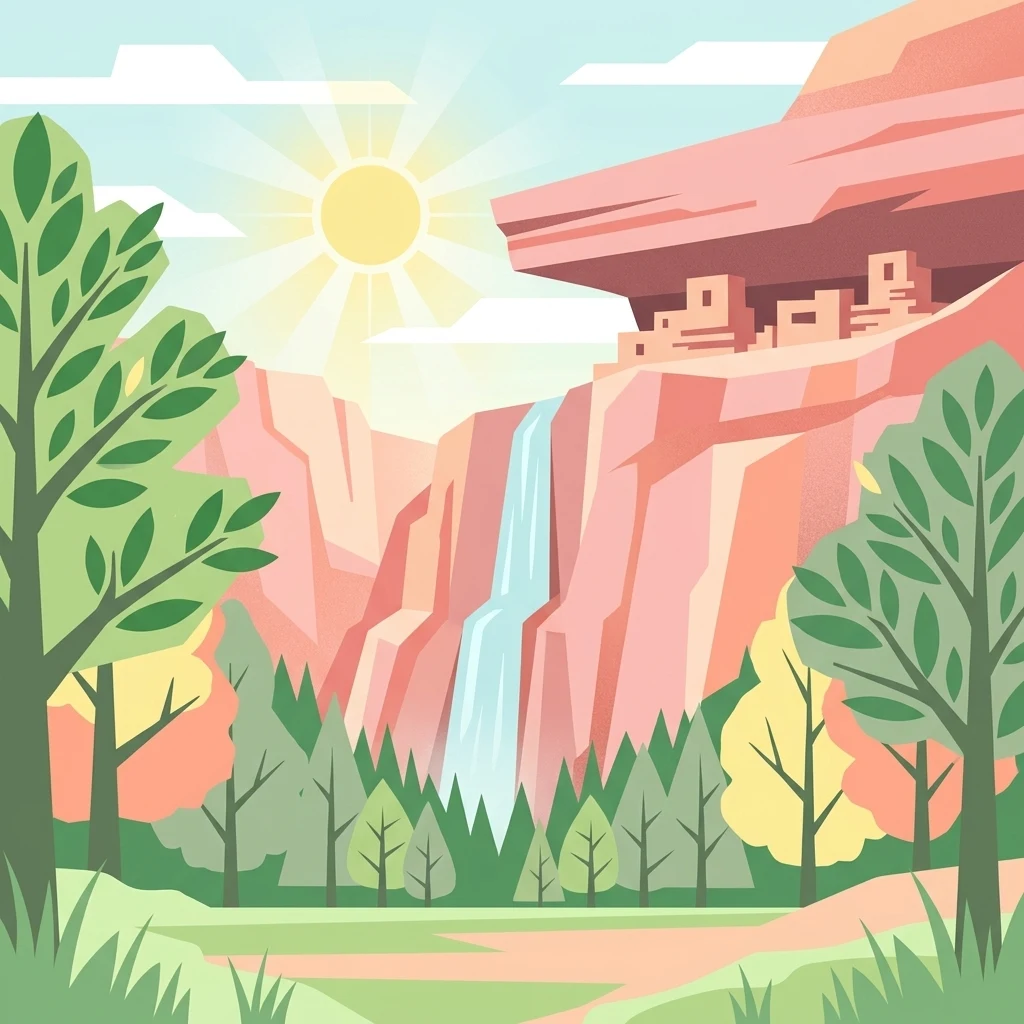 Una ilustración plana de estilo vectorial de un paisaje de cañón con altos acantilados de roca roja, una cascada central y pequeñas viviendas rupestres de piedra construidas en el lateral de la pared del cañón, rodeadas de árboles estilizados bajo un sol brillante.