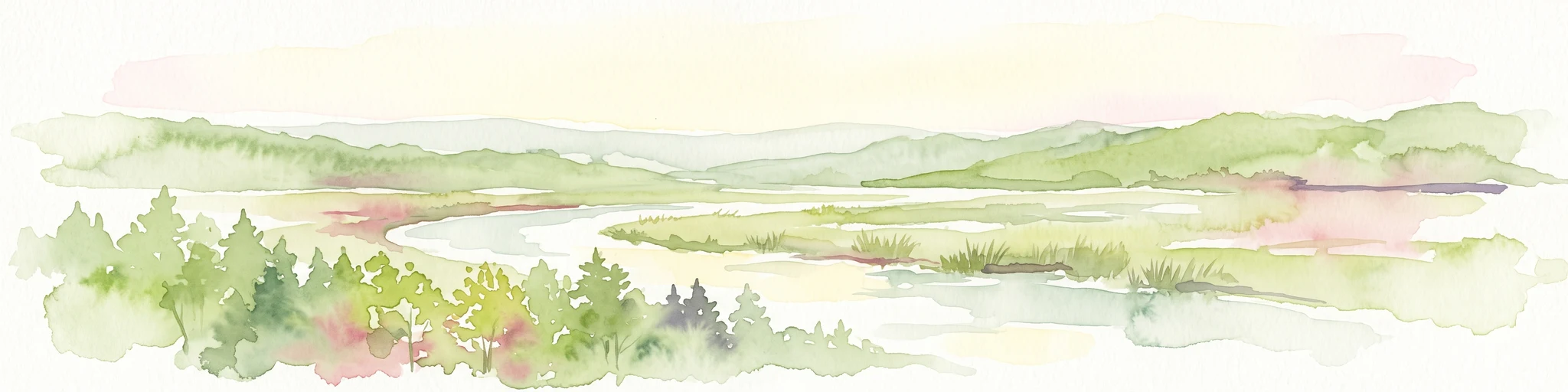 A watercolor painting showing a winding river flowing through a forested valley with gentle hills in the background.