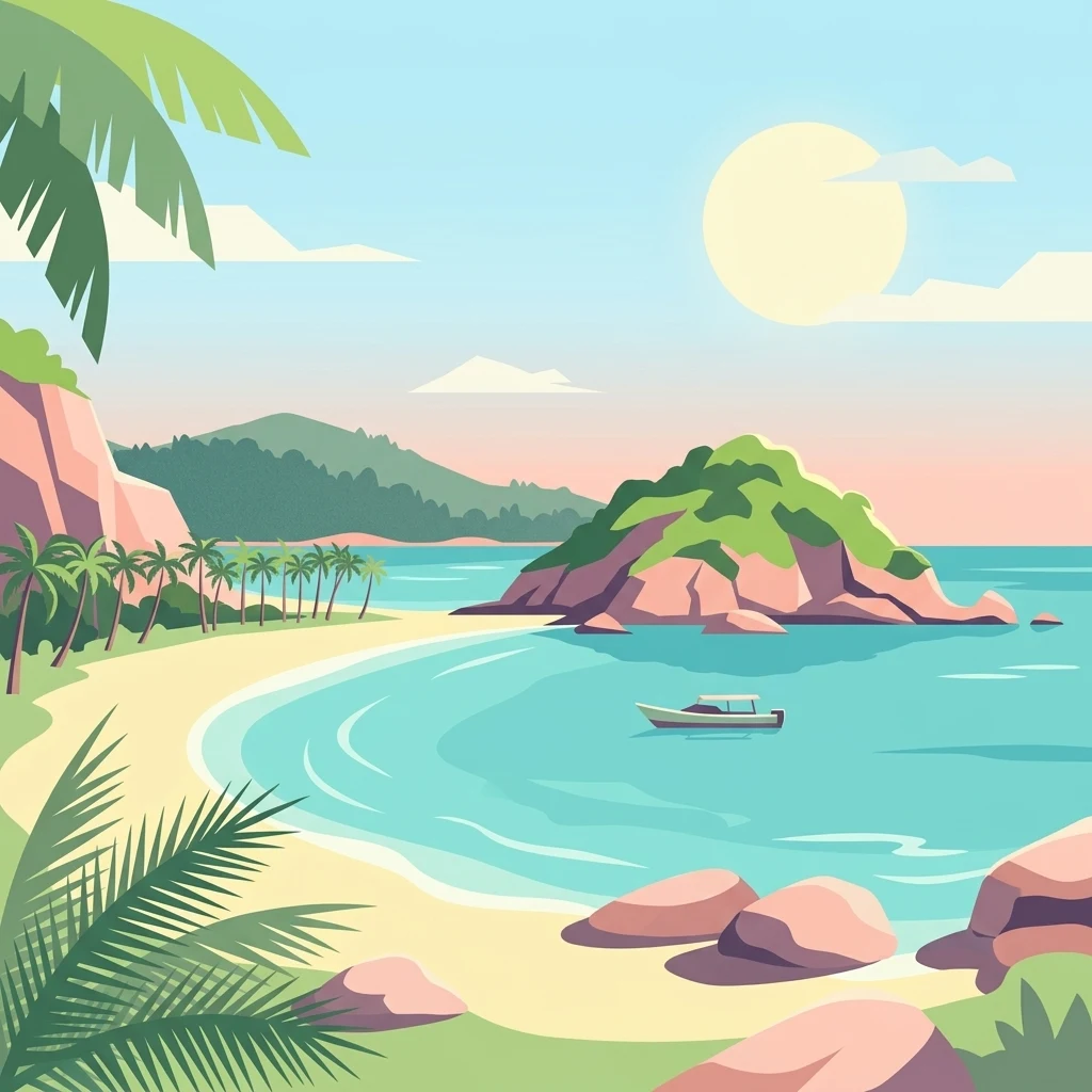Digital illustration of a sunny tropical cove with a sandy beach, palm trees, turquoise water, a small boat, and rocky hills in the background.