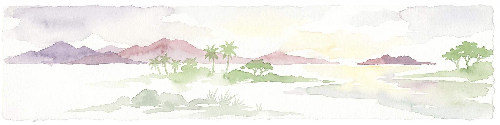 A watercolor painting of a tropical island coastline with palm trees, green vegetation, rocks in the foreground, and distant purple mountains under a soft light.