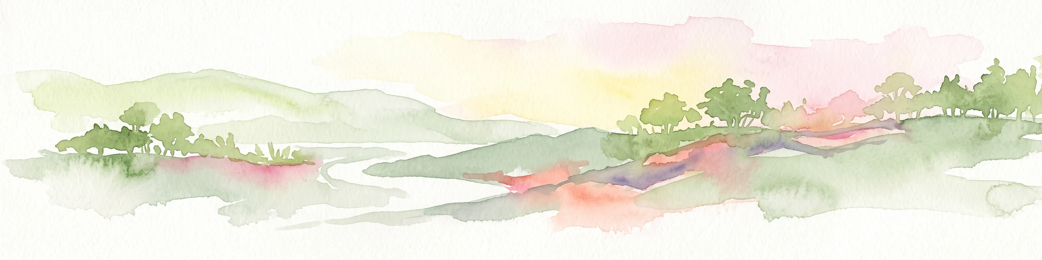 A soft watercolor illustration depicting a serene landscape with rolling green hills, scattered trees, and a winding stream under a warm, light-colored sky.