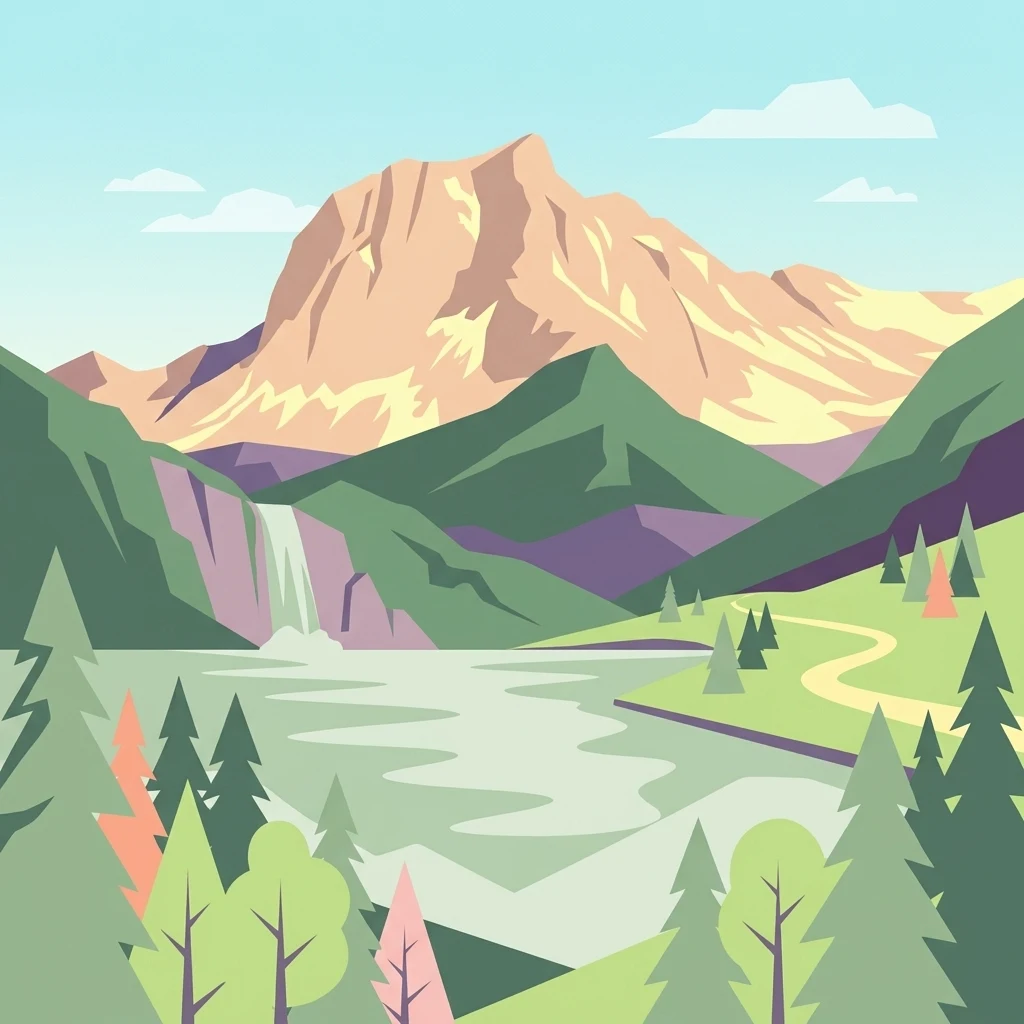 Una ilustración digital de estilo plano de una cadena montañosa con un lago, una cascada y un bosque de coníferas circundante.