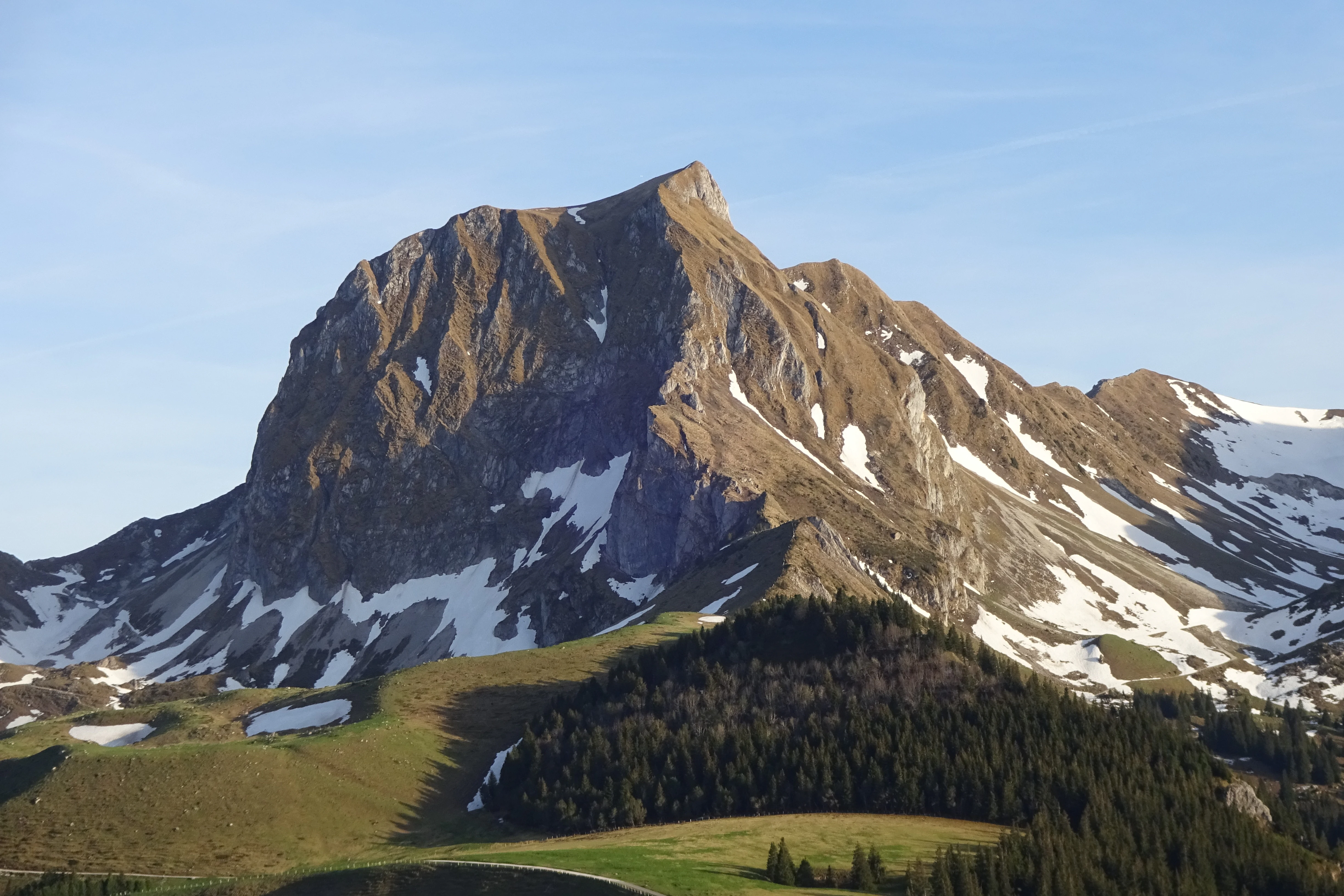 A clear, sunny view of the rocky Gantrisch mountain peak with patches of snow on its slopes, rising above a pine forest and alpine meadow.
