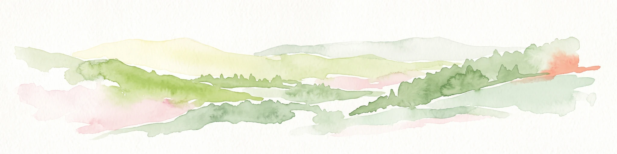 A soft watercolor painting depicting a gentle, rolling landscape with green hills, forests, and abstract meadows against a white background.