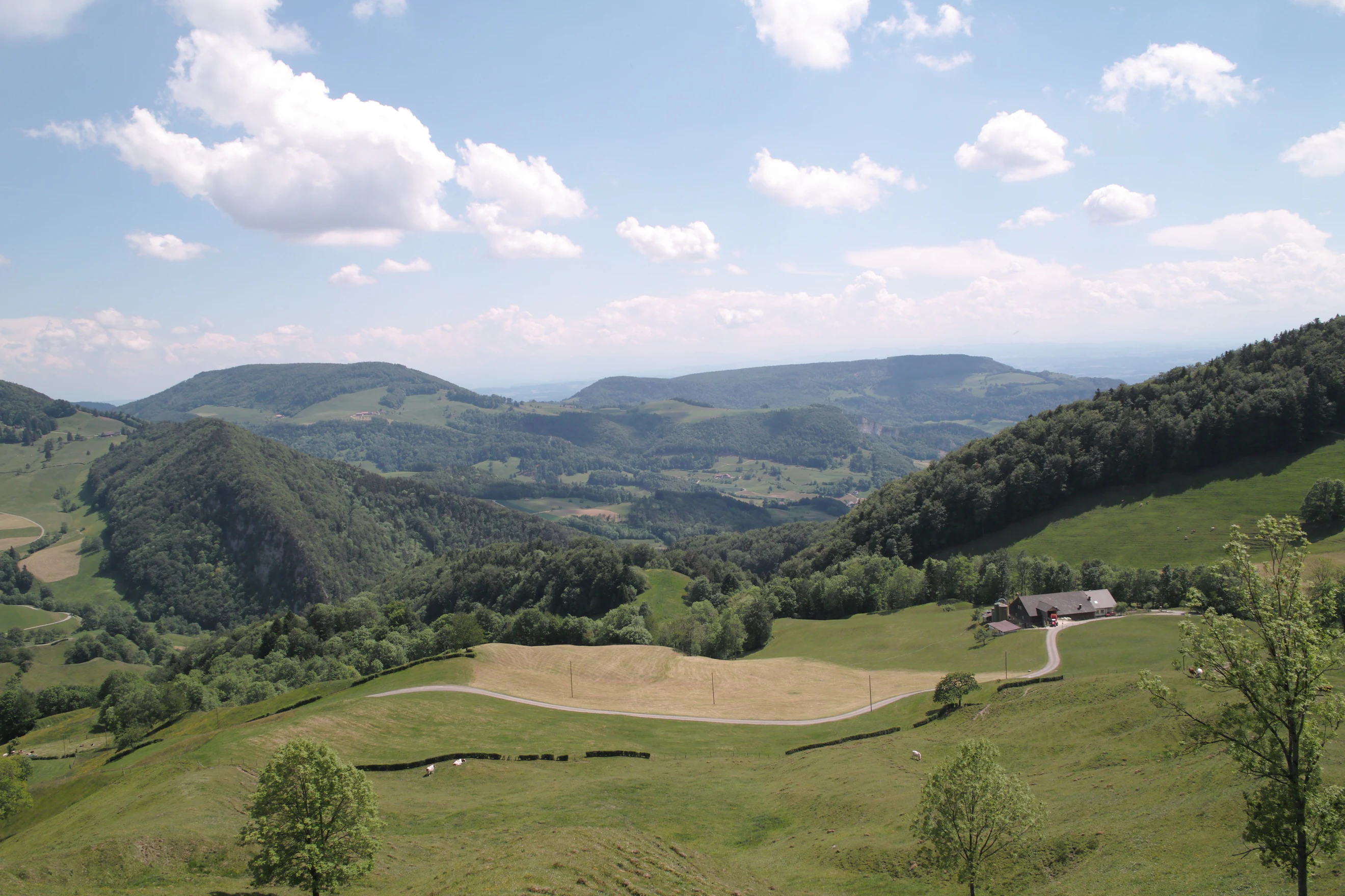 Vista amplia de un paisaje verde de montañas del Jura con prados, bosques y un edificio rural bajo un cielo azul con nubes blancas.