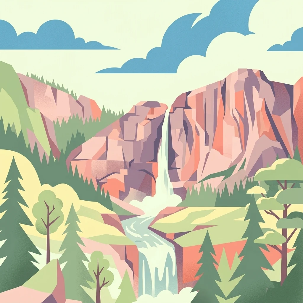 Una ilustración artística en estilo vectorial de una cascada que fluye entre empinadas laderas montañosas geométricas, con pinos en primer plano y un cielo de color claro.