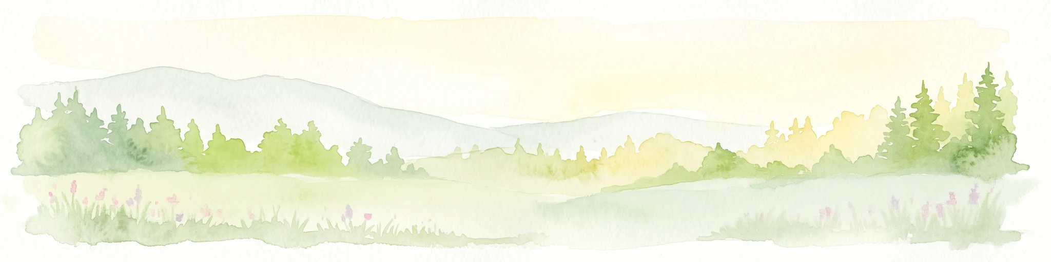 A watercolor illustration of a soft, rolling landscape featuring meadows, distant hills, and coniferous forest edges in pale greens and yellow tones.