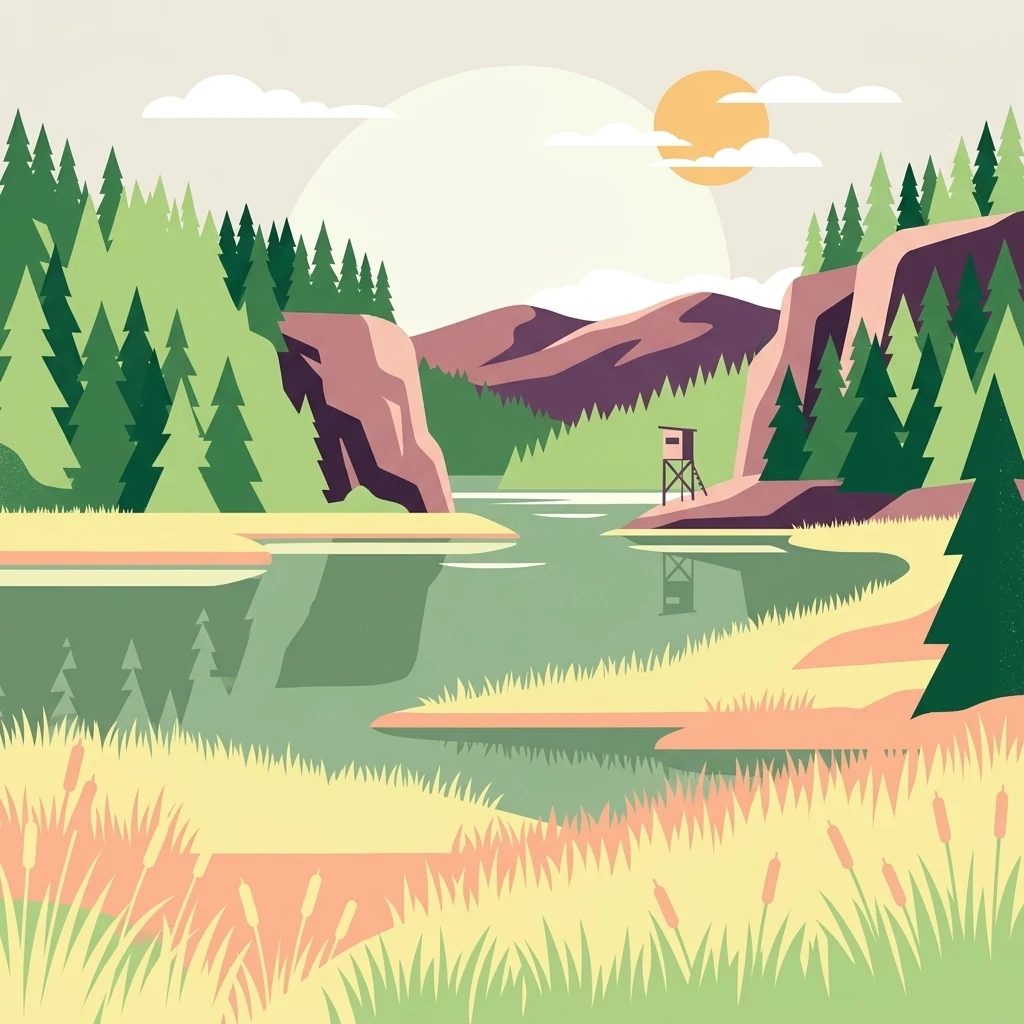 Una ilustración vectorial estilizada de una escena de humedal con una masa de agua central, orillas cubiertas de hierba, bosque de pinos y una pequeña plataforma de observación de madera elevada contra un fondo de atardecer.