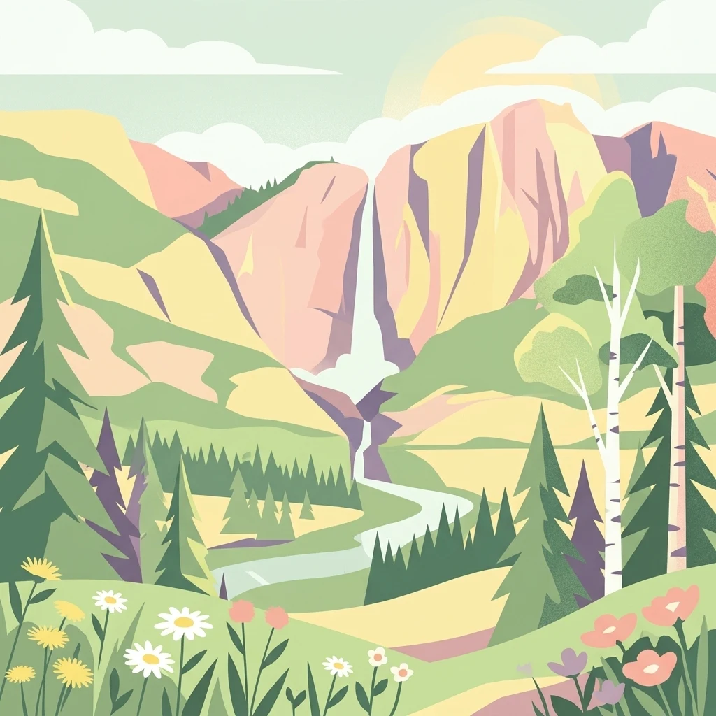 A flat, vector-style illustration of a serene mountain landscape featuring a tall waterfall cascading down high cliffs into a winding river, surrounded by lush evergreen trees, birch trees, and wildflowers in the foreground.