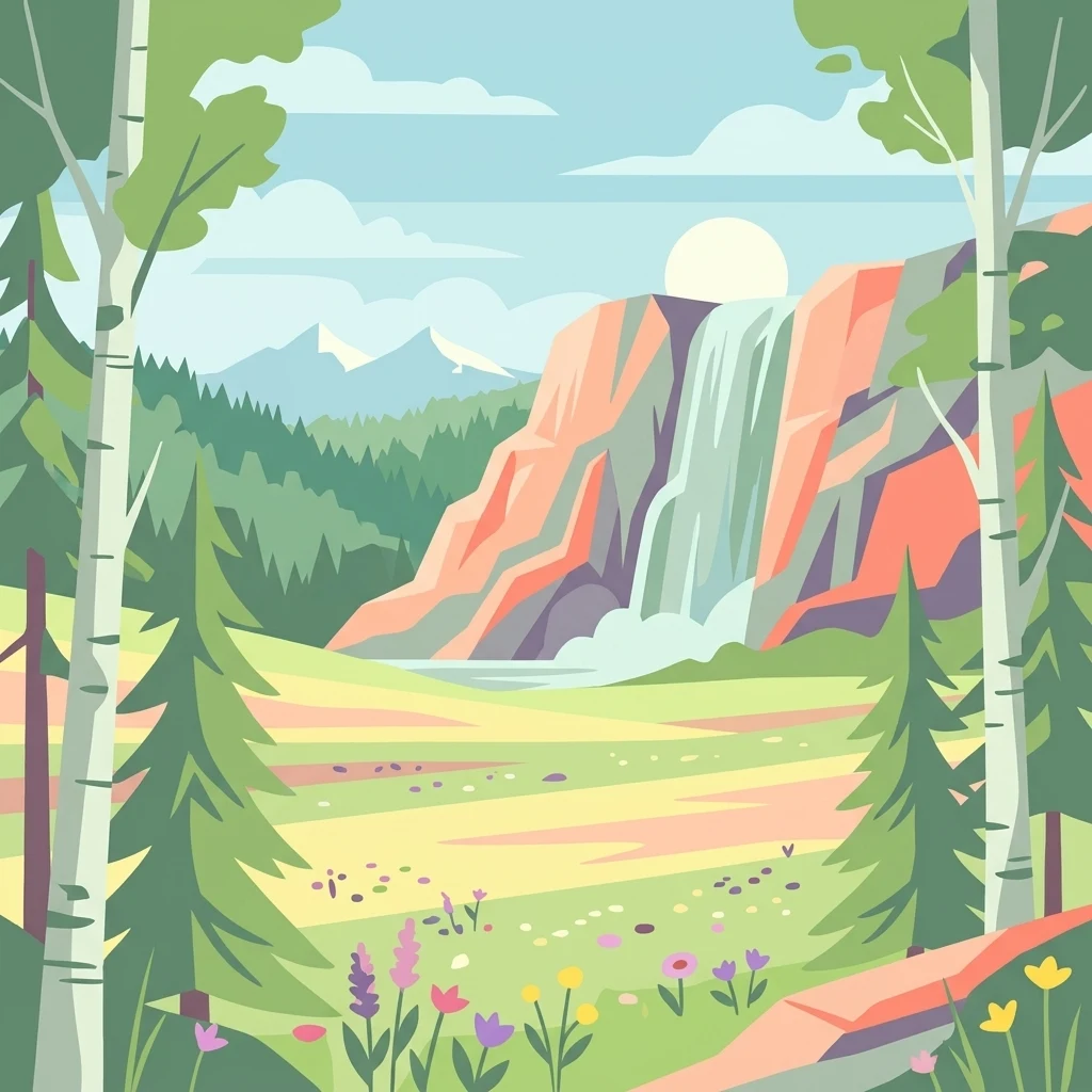 A flat-style digital illustration showing a flowery meadow in the foreground with trees on the sides, leading to a waterfall cascading down a cliff face with distant mountains in the background under a pale sun.