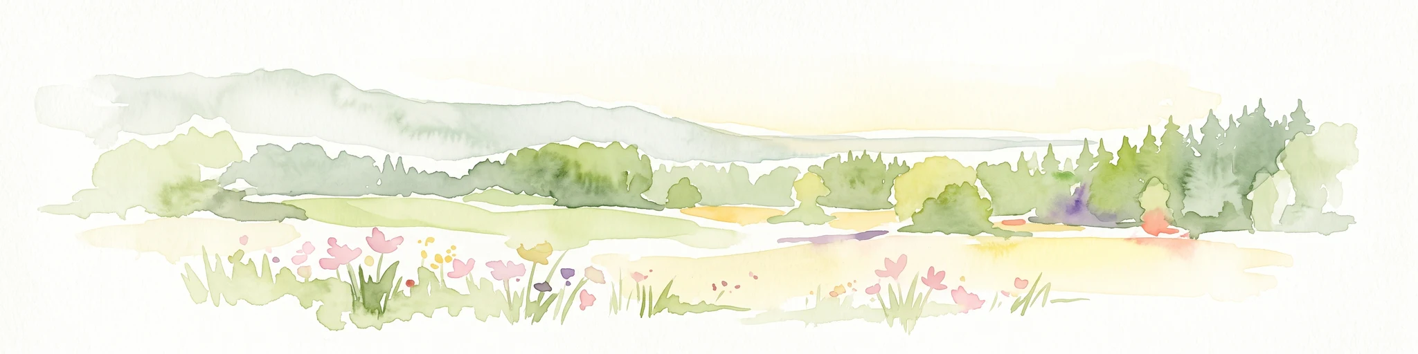 A soft, impressionistic watercolor painting of a meadow with wildflowers in the foreground, rolling hills and trees in the midground, and a faint mountain range in the background.