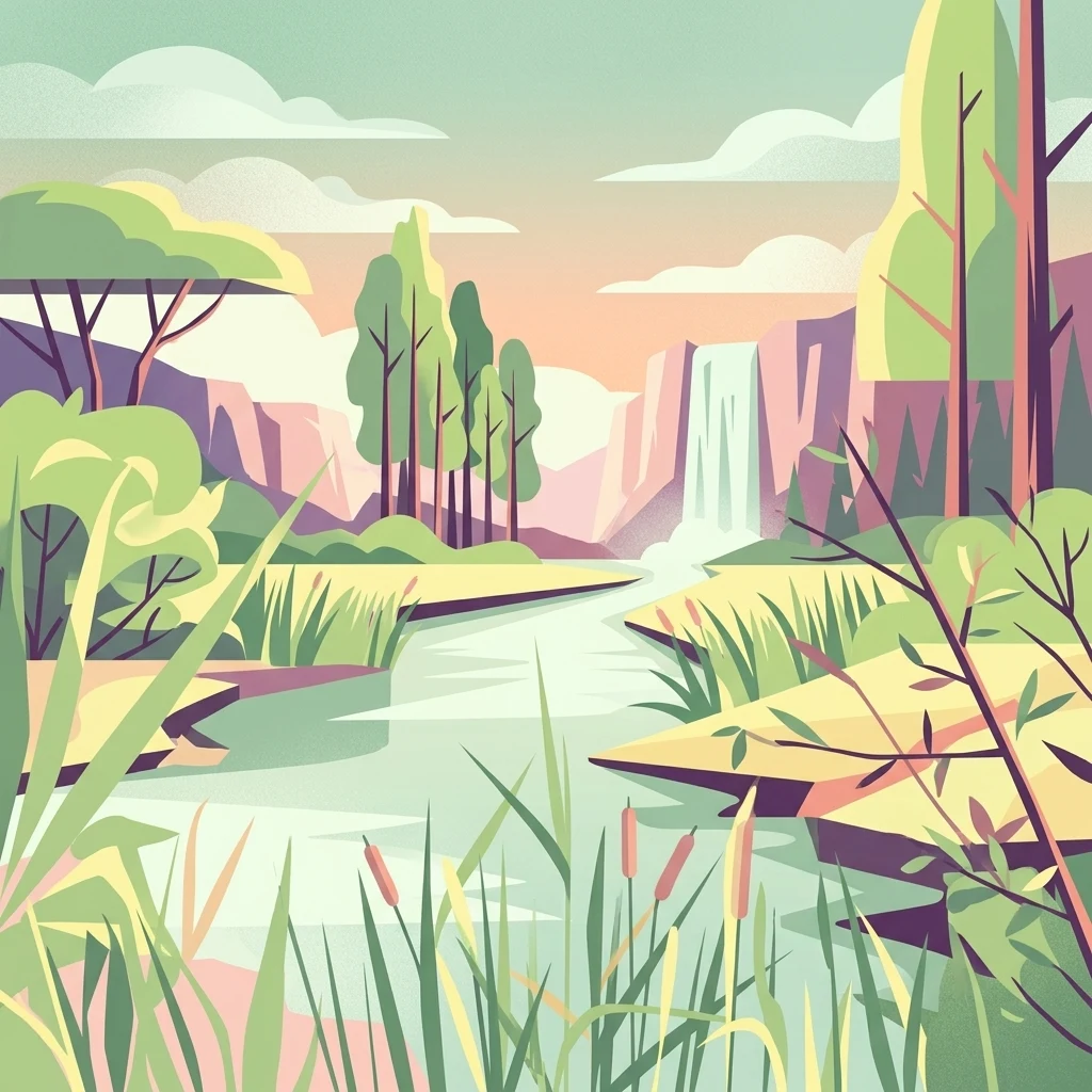 A colorful, flat vector-style illustration of a peaceful nature landscape showing a calm stream or pond surrounded by tall grass, reeds, trees, and cliffs with a small waterfall in the background.