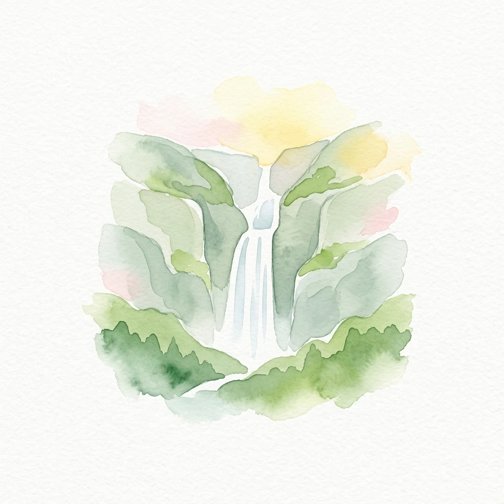 Watercolor illustration of a waterfall cascading between green, rocky hills under a yellow and pink sky