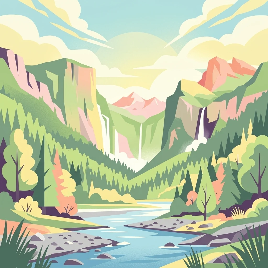 Una ilustración de un frondoso valle de montaña con acantilados escarpados, cascadas en cascada, un río serpenteante y bosques de coníferas bajo un cielo suave y luminoso.