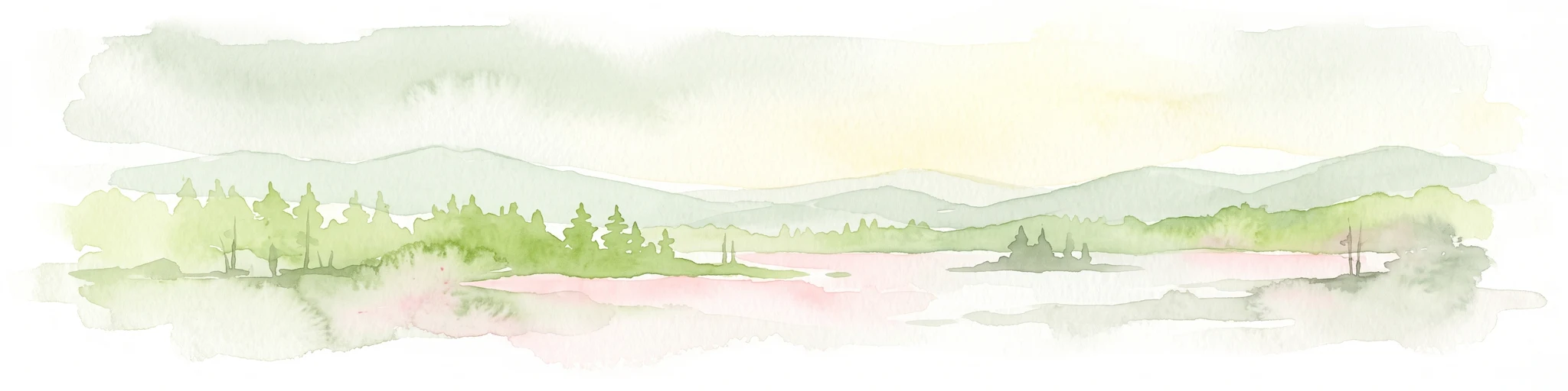 A soft watercolor painting of a rolling forested landscape featuring distant mountains and a calm body of water in the foreground.