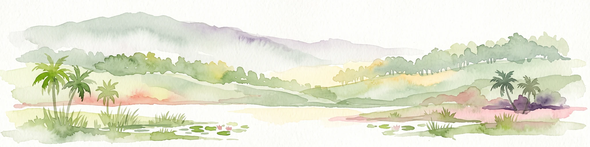 Watercolor painting of a lake surrounded by palms, reeds, and soft hills in the background.